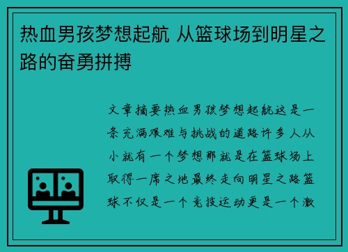 热血男孩梦想起航 从篮球场到明星之路的奋勇拼搏